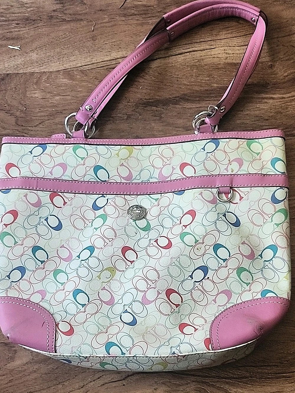 Official Coach Signature Multi Stripe Tote Shoulder Bag Pink & White